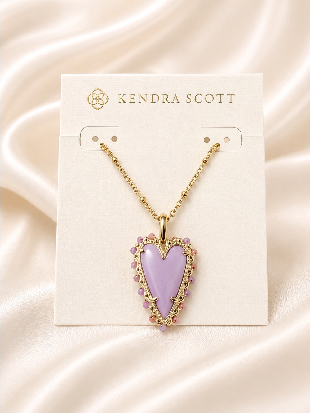 Kendra Scott Beaded Ansley Gold Lilac Phosphate Heart Necklace - Picture 8 of 8